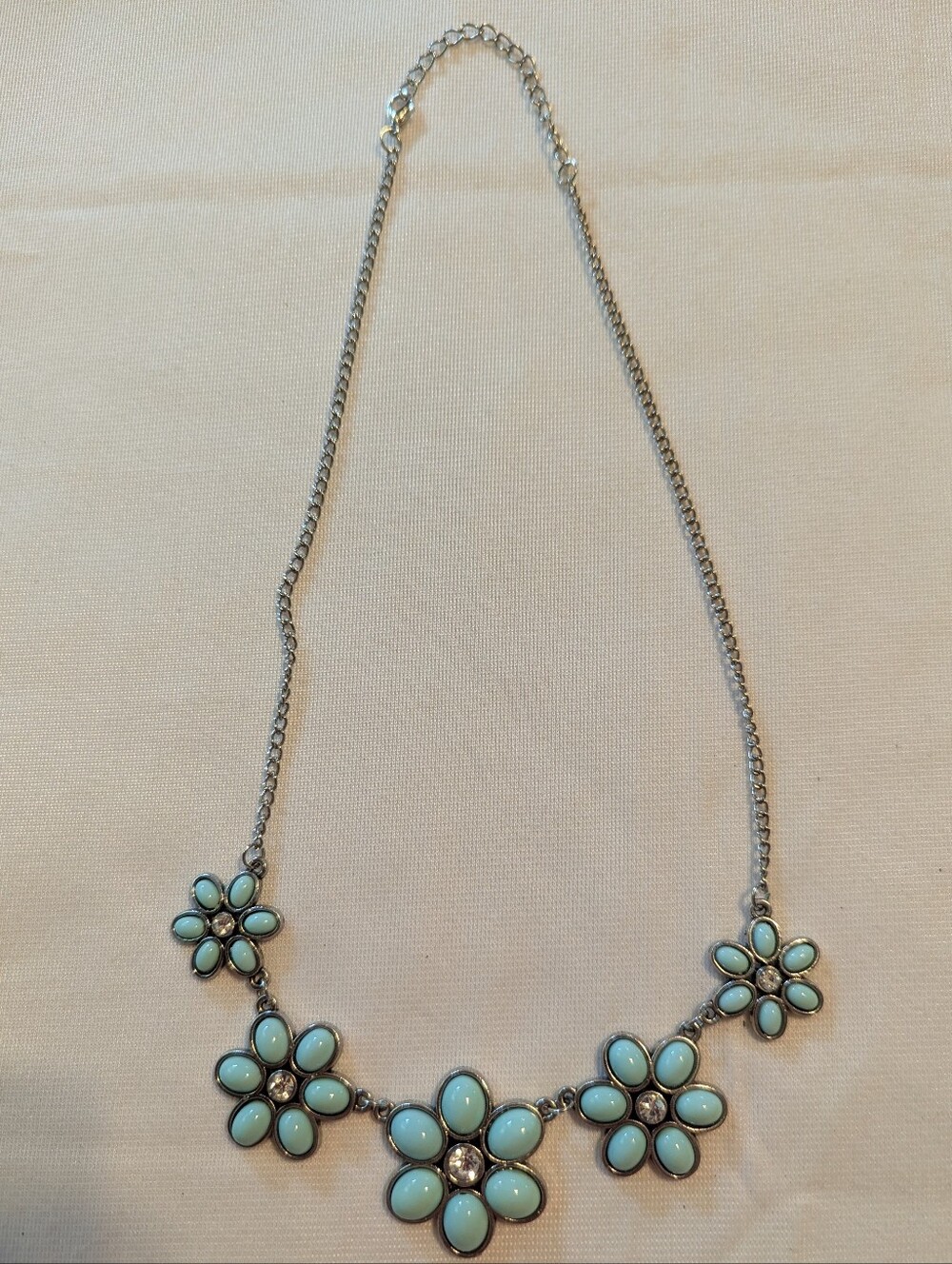 Floral Silver Tone And Aqua 5 Flower Necklace